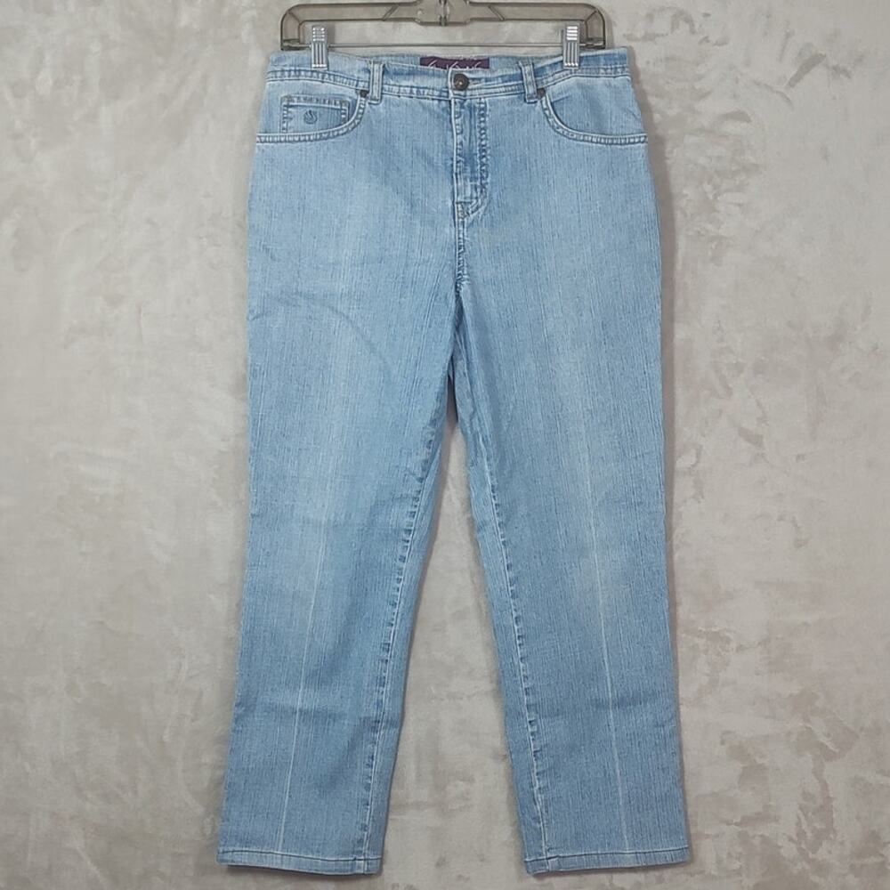 Gloria Vanderbilt, Faded Blue Jeans, Straight Leg, Size 8, 5 Pocket Design, Logo